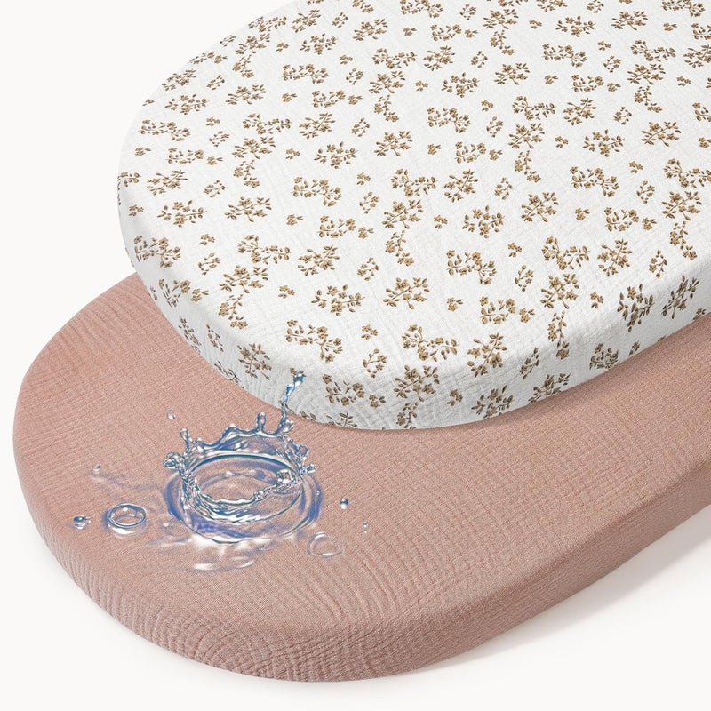 BeBeJoJo Baby Bassinet Sheets TPU Waterproof 2 Pack Soft Muslin Bedside Bassinet Mattress Sheets with Bottom Elastic Band for Baby Boy Girls Unisex Fit Hourglass Oval and Rectangle, Brown Flowers - Image 1